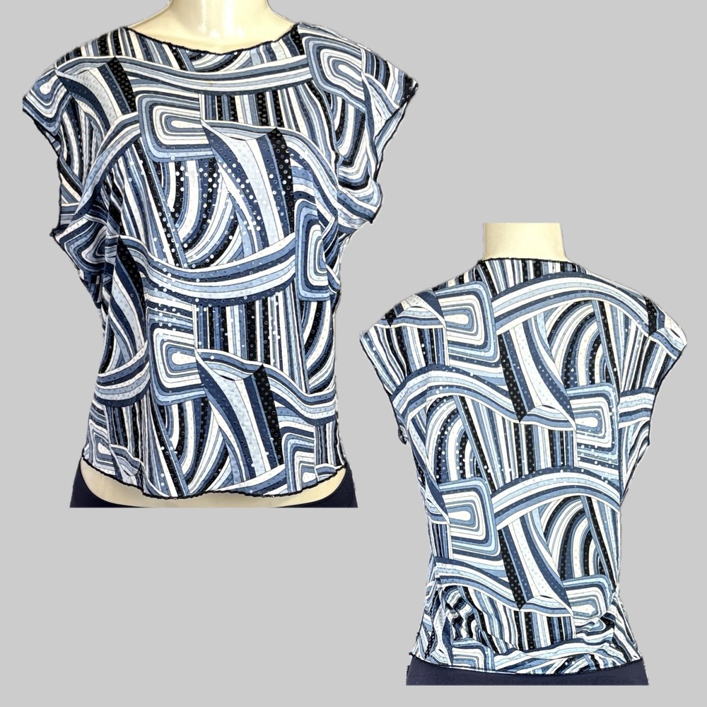 Jaipur M Vintage 90s Blue Gray Abstract Line Art Clear Sequin Cap Sleeve Blouse